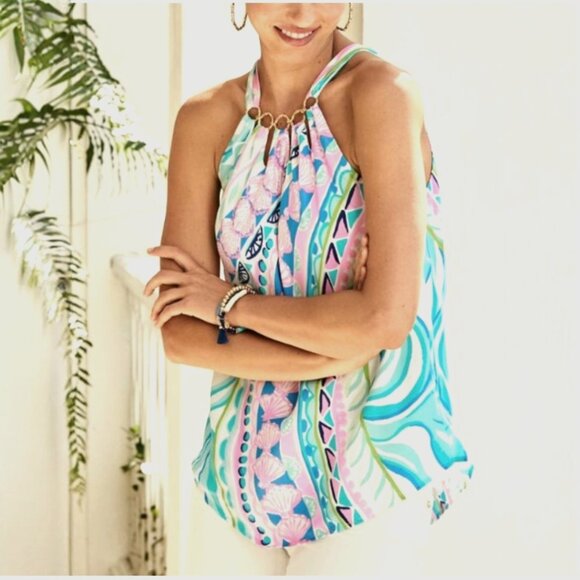 Lilly Pulitzer Tops - SOLD Lilly Pulitzer Julien Halter Multi Coco Island Engineered Pink Blue Top S